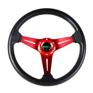 lot 4300 image: RASTP Universal Racing Steering Wheel 13.8in350mm 6 Bolts Grip Vinyl Leather &amp Aluminum with Horn Button for Car -Red - Retail $25