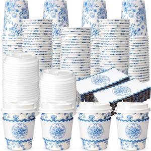 lot 4332 image: Jingmore Floral Paper Coffee Cups with Lids and Sleeves 8oz Vintage Flower Disposable Drinking Cups Bulk for Birthday Wedding Bridal Shower Tea Party Supplies (Blue) - Retail $29