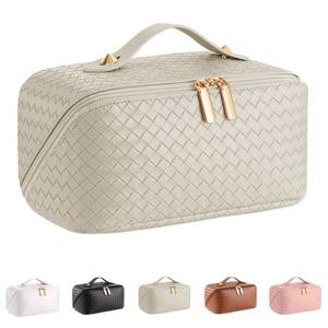 lot 4335 image: Large Capacity Travel Cosmetic Bag - PU Leather Makeup Organizer Bag Portable Woven Makeup Bags for Women Waterproof Travel Toiletry Bag with Divider Pouch, Khaki - Retail $21
