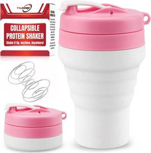 lot 4336 image: Tilcore Protein Shaker Bottle Pink Collapsible - Food-Grade, Leakproof Lid 600mL 20oz Pink Shaker - Reusable Silicone Shaker Cups for Protein Shakes - Retail $16