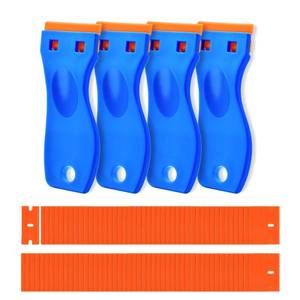 lot 4345 image: 4 Pcs Plastic Razor Blade Scraper and 120 Pcs Blades, Remove Label Decal Tool,Forwithout Scratches Plastic Razor Blade Scraper, Adhesive Remover for Kitchen Appliances,Stickers and Paints on Window