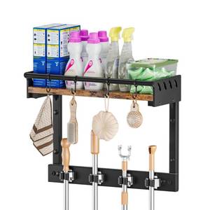 lot 4350 image: Yanxifei Broom Holder Wall Mount with Shelf, Broom Hanger and Hooks, Broom and Mop Organizer Wall Hanging for Laundry Room, Garage, Utility Closet, Kitchen Small