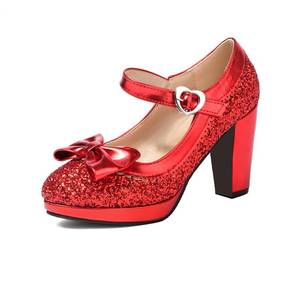 lot 4362 image: SEIFIN Womens Sequins Glitter Mary Jane Shoes Shine Sparkly Vintage Chunky High Block Heel Women Pumps with Bow and Ankle Strap Cosplay Rockabilly Kawaii Marriage Dress Pumps(Red,US8) - Retail $47