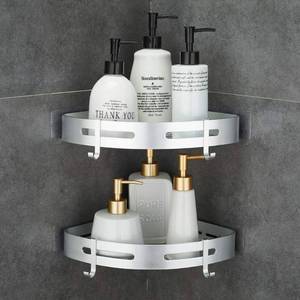 lot 4364 image: Hoomtaook Corner Caddy Bathroom Shower Shelf Wall Mounted No Drilling 2 Tier Storage Shelves Adhesive Triangle Baskets Silver Bathroom Kitchen Storage Basket - Retail $26