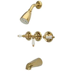 lot 4365 image: Kingston Brass KB232PL Tub and Shower Faucet with 3-Porcelain Lever Handle, Polished Brass, 5-Inch Spout Reach - Retail $263