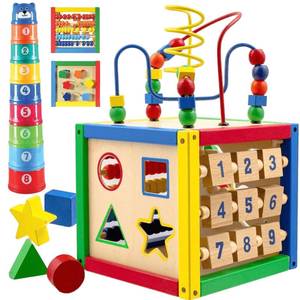 lot 4368 image: Play22 Wooden Activity Cube for Baby - 6 in-1 Baby Activity Play Cube with Bead Maze, Shape Sorter, Abacus Counting Beads, Counting Numbers, Sliding Shapes, Removable Bead Maze, 8Pcs Stacking Cups - Retail $28