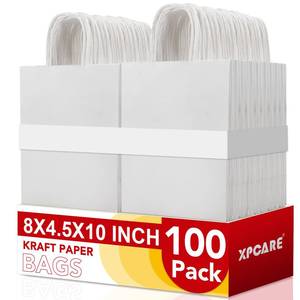 lot 4394 image: XPCARE 100Pack White Paper Bags 8x4.5x10 Inch, Plain Medium Paper Bags with Handles Bulk, Kraft Paper Gift, Retail, Party, Shopping Bag, Favor Bag - Retail $25