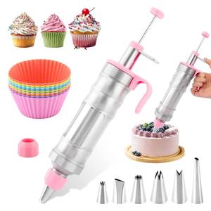 lot 4397 image: Dessert Decorating Sy-ringe Set,Stainless Steels Cake Decorating Gun Kit with 6 Piping Tips &amp 9 Silicone Cupcakes,Frosting Piping Kit for Frosting Cream to Make Cupcakes(pink,Size28  8.5cm) - Retail $20