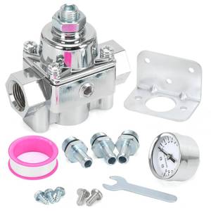 lot 4404 image: 12-804 Adjustable Fuel Pressure Regulator with Gauge, Compatible with Holley and Edelbrock Carburetors, 1-4 PSI, 38 NPT, 1-in 2-Out - Retail $34