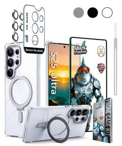lot 4416 image: shark shadow Phone Case Set for Samsung Galaxy Series, Strong Kickstand Fit for MagSafe, Military-Grade Drop Protection, with Screen Protector, Lens Protector, and Wrist Strap - S25 Ultra Silver - Retail $14