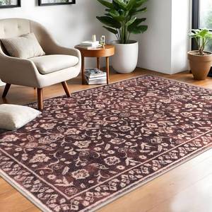 lot 4422 image: SILOLOOM Vintage 4x6 Area Rug, Burgundy Entryway Rug Non-Slip, Washable Living Room Rug Thin Printed Faux Wool Floor Super Soft Carpet Throw Rugs for Bedroom Dining Room Indoor Office - Retail $57