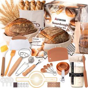 lot 4425 image: Astercook Sourdough Starter Kit with Round & Oval Banneton Bread Proofing Basket, Bread Sling, Starter Jar, Dough Whisk, Scrapers, Stencils, Cooling Rack & Bag Complete Sourdough Bread Baking Supplies - Retail $60