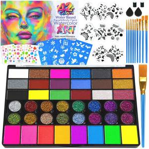 lot 4427 image: Professional Face Painting Kit for Kids 42 Color Water Activated Facepaint Makeup Kit, Non-Toxic face Paint with Stencils, Gems, Brushes for Halloween, Parties, Carnival, School Event &amp Festivals - Retail $17