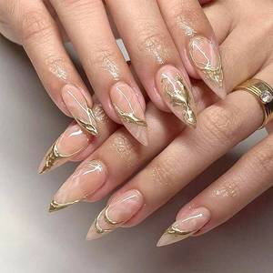 lot 4434 image: 24Pcs Gold Press on Nails Medium Almond French Tip Fake Nails with 3D Gilding Line Design Glitter False Nails Full Cover Pink Glue on Nails Artificial Nude Stick on Nail for Women Acrylic Manicure