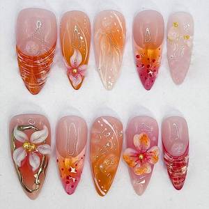 lot 4436 image: 24Pcs Red Flower Press on Nails Medium Almond French Tip Fake Nails with 3D Gilding Rhinestones Design Spring Summer False Nails Full Cover Artificial Glue on Nails Handmade Stick on Nail for Women