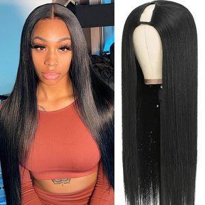 lot 4438 image: CHEETAHBEAUTY V Part Wigs Human Hair Straight V Shape Wigs for Black Women Upgrade U Part Wigs No Leave Out No Sew In No Glue Clip in Half Wigs 180% Density Natural Black 18Inch - Retail $79