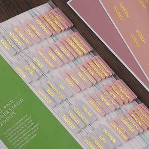 lot 4445 image: Thinkor Reposition Gold Foil Laminated Bible Tabs, Large Print Stickers, Easy to Read and Apply Bible Tabs for Women and Man (Pearl Gold Foil) - Retail $9