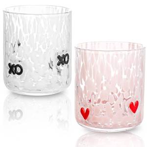 lot 4454 image: 2 Pcs Valentines Day Icon Glass Cups Set - 14 oz Heart Themed Icon Juice Glass Double Old Fashioned Icon Hand blown Cocktail Glasses Drinking Cups for Couple Wedding Home Bar Decor Lovely Gifts
