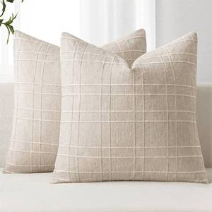lot 4458 image: MIULEE Decorative Linen Check Throw Pillow Covers Neutral Farmhouse Vintage Pillow Covers 18x18 Set of 2 Boho Modern Home Decor for Sofa Couch Bedroom Cushion Natural Beige - Retail $14