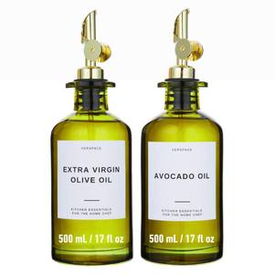 lot 4467 image: Verspace UV-Protected Green Glass Olive Oil Dispenser Bottles For Kitchen - Includes Avocado Oil Dispenser Set, Modern Decor for Home, Airbnb, Cafe Set of 2 - Retail $27