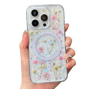 lot 4507 image: ASONCE Cute Real Flowers for iPhone 13 Pro Max Case Compatible with MagSafe Glitter Magnetic Cover with Pressed Dried Floral Women Girly Phone Case for iPhone 13 Pro Max 6.7 - Clear Sparkly - Retail $10