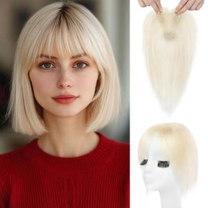 lot 4526 image: REECHO Hair Toppers for Women Real Human Hair, Seamless Human Hair Toppers with Bangs, 360° 3D Cover Clip in Bangs Hair Extensions for Daily Wear, White Blonde - Retail $40