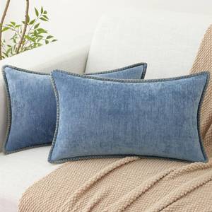 lot 4557 image: decorUhome Chenille Soft Cozy Throw Pillow Covers 12x20 Set of 2, Modern Farmhouse Boho Velvet Decorative Pillow Cases with Stitched Edge for Couch Sofa Bed Home Decor, Blue - Retail $17