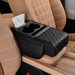 lot 4567 image: FREESOO Car Center Console Cover, Leather Armrest Cover for Car, Universal Middle Console Cushion with Storage Box, Cup Holder, Tissue Box & Phone Slot, Luxury Waterproof Interior Accessories, Black - Retail $28
