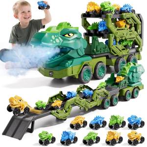 lot 4570 image: IHAHA 10 in 1 Dinosaur Truck Toys with 9 Dino Cars for Kids 3-5 Years, Dino Carrier Truck with Foldable Track, Spray, Light & Sounds, Birthday Gifts for Toddlers Boys Girls 3 4 5 6 7 8 Years Old - Retail $30