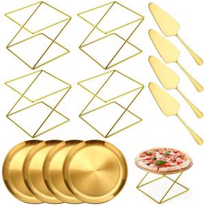 lot 4572 image: Yiyiring 12 Pcs Pizza Stand Set 4 Metal Stands, 4 Pizza Pans, 4 Spatulas for Weddings, Party(Gold,Square) - Retail $40