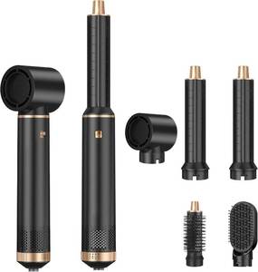 lot 4589 image: 5 in 1 Hair Styler Curler & Air Dryer Brush, Low-Speed Negative Ionic Air Styler Drying, Multi Hair Styler, Professional Blow Dryer Brush for Curling Volumizing Straightening Styling (GoldBlack) - Retail $197