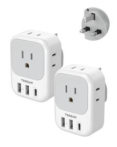 lot 4641 image: UK Adapters for Travel 2 Pack, TESSAN Type G US to UK Plug Adapter with 4 Outlets 3 USB Charger(1 USB C Port), Power Adaptor for USA to Ireland Scotland Dubai Hong Kong England British Kenya London - Retail $27