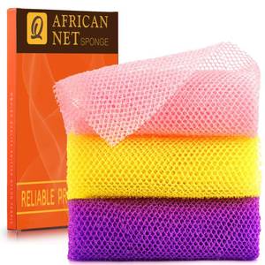 lot 4651 image: UJFQBH 3 Pieces African Bath Sponge African Net Long Net Bath Sponge Exfoliating Shower Body Scrubber Back Scrubber Skin Smoother,Great for Daily Use (Pink,Yellow,Purple)