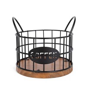 lot 4652 image: Fving Coffee Pods Holder for Countertop, K Cup Holder Organizer, Sturdy Kcup Storage Basket with Wooden Base, Pods Container for Kitchen Bar Counter Office Desktop (Black) - Retail $14