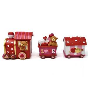lot 4688 image: Gift Boutique Valentines Day Express Train Table Decorations 3 Piece Resin Happy Valentine Love Trains Figurine Shelf Sitter Teddy Bear Heart Tabletop for Office Desk Mantle Home Party Supplies - Retail $15