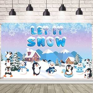 lot 4705 image: Let it Snow Backdrop Banner Blue Winter Snowman Snowflake Party Decorations Winter Wonderland Background Christmas New Year Holiday Party Supplies Decors for Home 70.8x43.3 inch - Retail $10