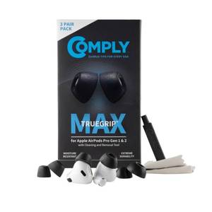 lot 4715 image: Comply TrueGrip MAX  Premium Memory Foam Replacement Earbud Tips for Apple AirPods Pro 1 & 2  Long Lasting Comfort, Extreme Durability, Secure Fit, Superior Noise Isolation Black (Medium) (3 Pairs) - Retail $27