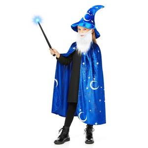 lot 4726 image: Toulite Wizard Cape for Kids Age 3-16, Witch Costume Includes Cape Hat Glowing Wand and Beard Suit for Boys Girls(S3-5y,Blue) - Retail $29
