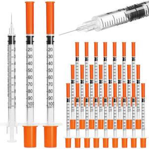 lot 4735 image: U-100 syringes with needle - 1ml 31G ( 31 gauge ) 516 inch syringe with needles scale in 100 units , 1 ml  1cc - Retail $14