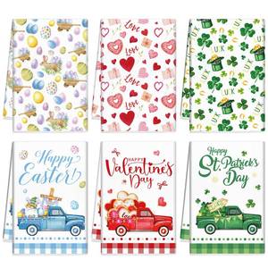 lot 4738 image: FuWeave 6 Pcs Seasonal Kitchen Towels Easter St Patricks Valentine Dish Towels Farmhouse Spring Decorative Holiday Hand Towel Absorbent Egg Bunny Shamrock Dish Cloths for Kitchen Bathroom Decor - Retail $8