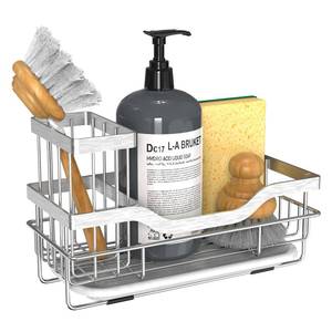 lot 4753 image: Vanwood Kitchen Sink Caddy Organizer Sponge Holder for Kitchen Sink, Rustproof Dish Soap Sponge Caddy for Counter with Detachable Brush Holder & Drain Tray - Storage Home & Cocina Accesorios, SILVER - Retail $10