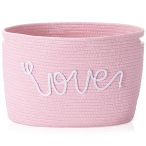 lot 4773 image: Willinglong 1 Pack Woven Baskets for Storage with Handle, Cotton Rope Baskets with LOVE Design, Large Decorative Organizers for Nursery, Home Decor, Gift Basket for Mom Wife, 15 x 10 x 9 Inch (Pink) - Retail $18