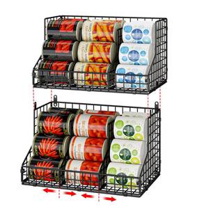 lot 4782 image: JKsmart 2 Pack Stackable Can Rack Organizer for Pantry Storage,Can Dispensers with 4 Adjustable Dividers, 2-Tier Metal Wire Basket Beverage Pop Soda Rack for Kitchen Cabinet Pantry, Black - Retail $34