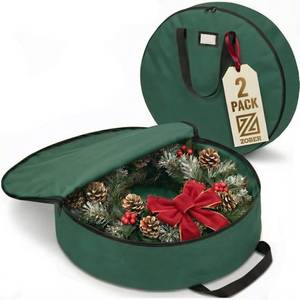lot 4792 image: ZOBER 2 Pack Oxford Christmas Wreath Storage Container 24 Inch - Wreath Bag for Artificial Wreaths Box - Waterproof Fabric, Dual Zippered Wreaths Storage Bag With Strong Durable Handles - Green - Retail $17