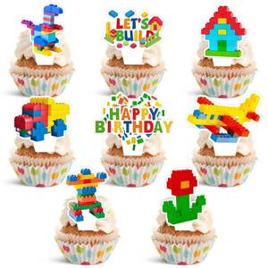 lot 4807 image: 24-Piece Building Block Brick Themed Birthday Party Cupcake Toppers Decorations for Party Supplies - Retail $7