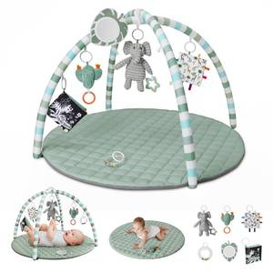 lot 4811 image: Blissful Diary Baby Play Gym Mat, Play Mat Activity Mat with 6 Detachable Toys for Stage-Based Sensory & Motor Skill Development, Easy to Install & Clean, Baby Essentials Gift, Sage Green - Retail $45