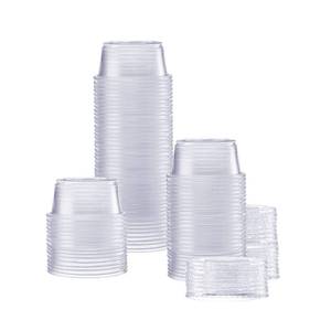 lot 4818 image: GUSTO 2 oz Jello Shot Cups with Lids 100 Count Clear Plastic Portion Containers, Condiment Cups for Sauces, Dressings &amp Samples Durable, Stackable, Leak-Resistant (Formerly Comfy Package) - Retail $8