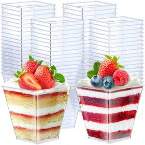 lot 4856 image: Zubebe 100 Pack 8 Oz Square Plastic Cups, Appetizer Dessert Cups Clear Plastic Disposable Small Tumbler for Ice Cream, Fruit Puddings, Desserts, Appetizers Wedding Party Catering Supplies - Retail $32