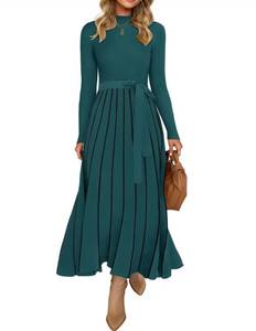 lot 4860 image: ZESICA Womens 2026 Spring Turtleneck Long Sleeve Sweater Dress Tie Waist Casual Loose Ribbed Knit A Line Midi Dresses Teal Large SLEEVE STAINED - Retail $52