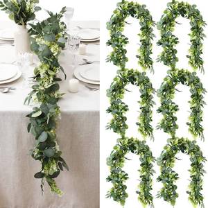 lot 4873 image: Daifunli 6pcs Artificial Eucalyptus Garland, 5.91 Feet Faux Greenery Artificial Hanging Fake Leaves Vines for Wedding Backdrop Arch Table Wall Party Home Mantle Decor(Eucalyptus Garland Fruits) - Retail $50